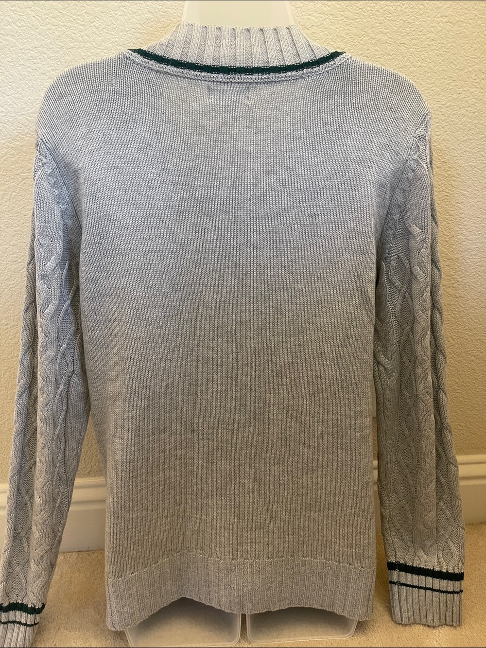 Classic and Preppy Cable Knit V-Neck Sweater with Contrast Trim - Light Gray - Picture 2 of 6
